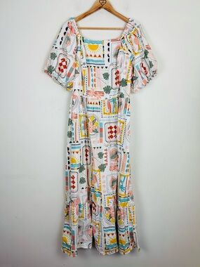 NWT Lea puff sleeve colorful vacation print maxi dress cotton w/pockets. 2X